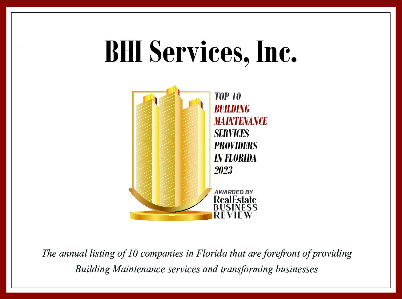 BHI Services, Inc Named Top Building Maintenance Service Provider In Florida 2023